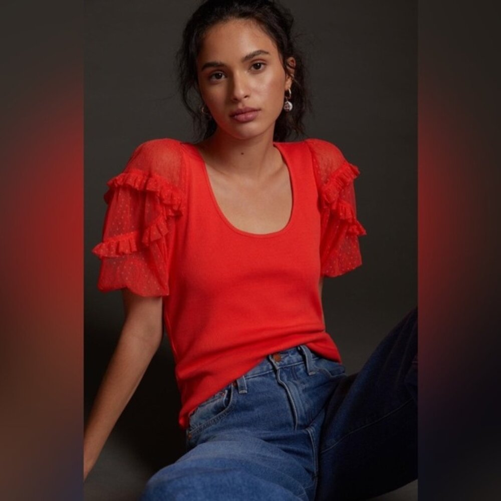 Anthropologie Maeve Scoop neck Ruffled Puff Tulle Sleeves Top
